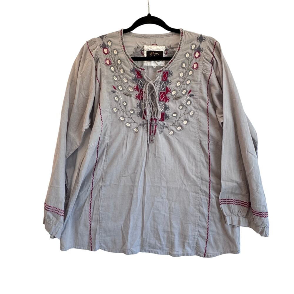 Johnny Was Biya Embroidered Gray Tunic Top Boho Peasant Blouse Small floral